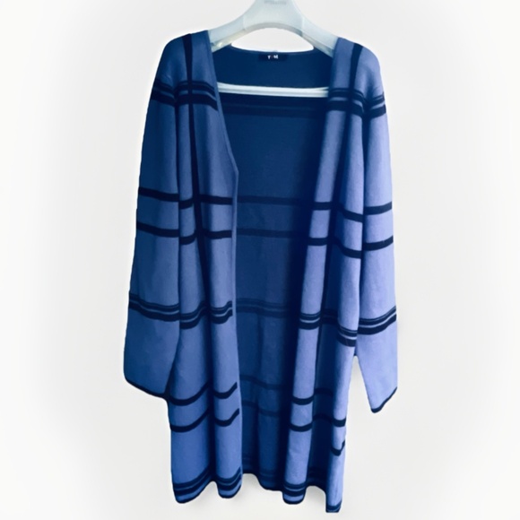 YEST Europe 🇳🇱 Viscose Open-Front Cardigan Black Check on Blue Mid Length M - Picture 3 of 13